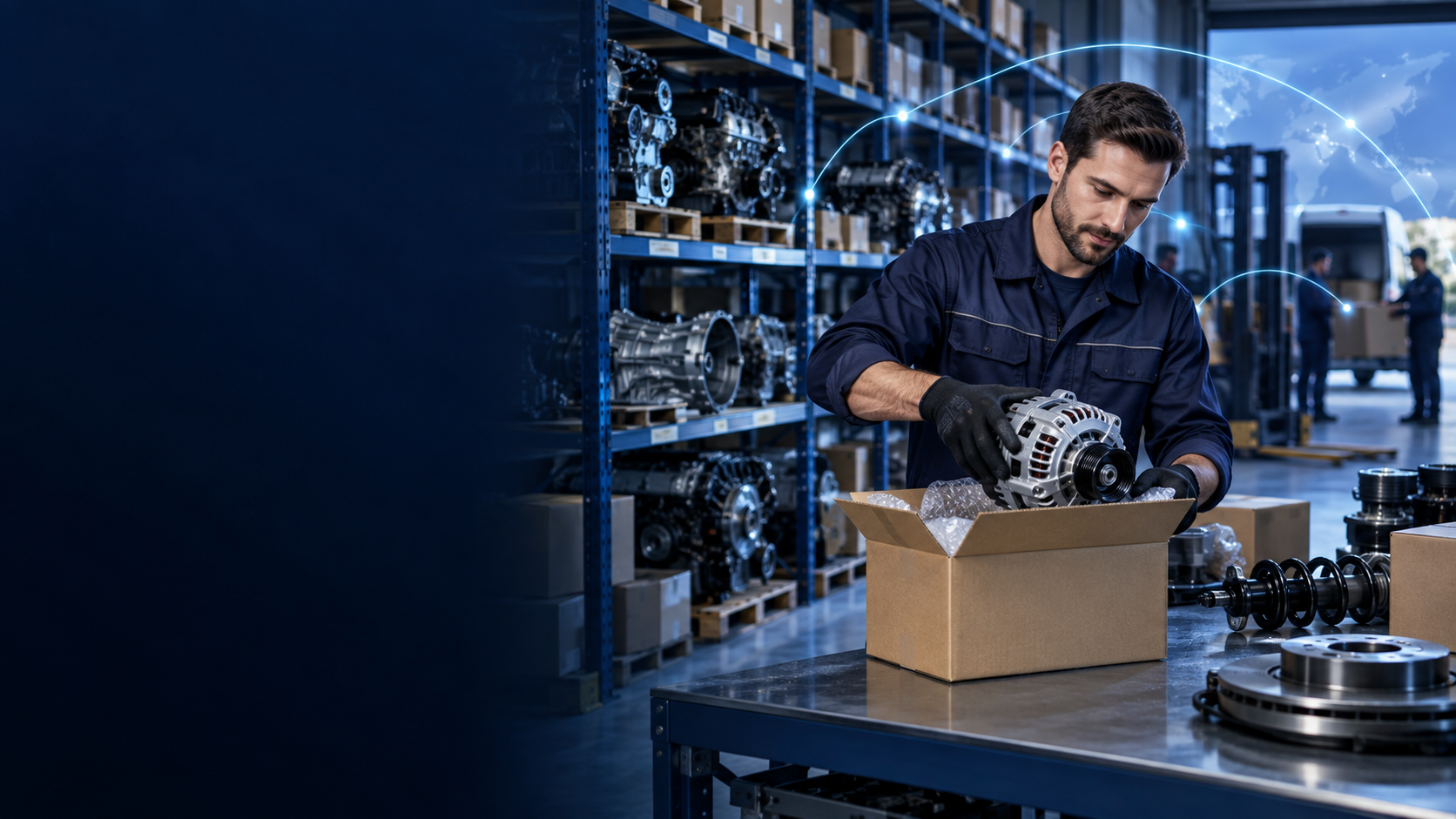 Seller packing an automotive alternator in a warehouse for OnlyCarsParts