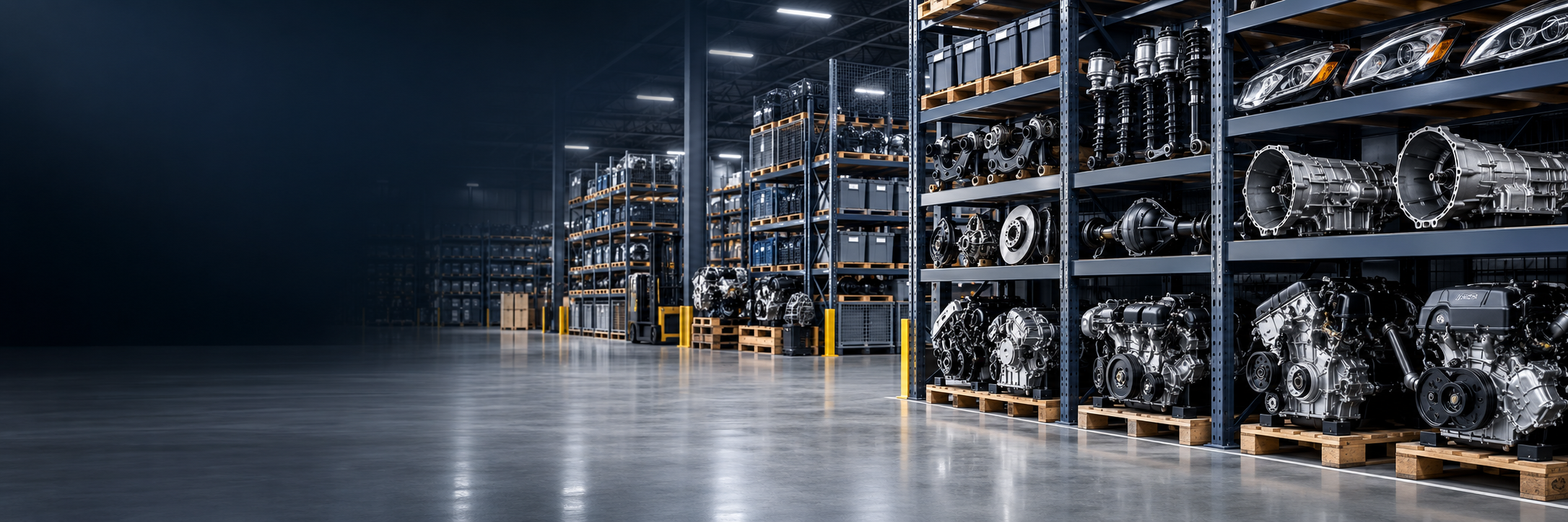 Organized auto parts warehouse with engines, transmissions and suspension components
